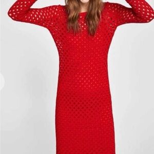 Zara Red Open-Knit Long Sleeve Maxi Dress